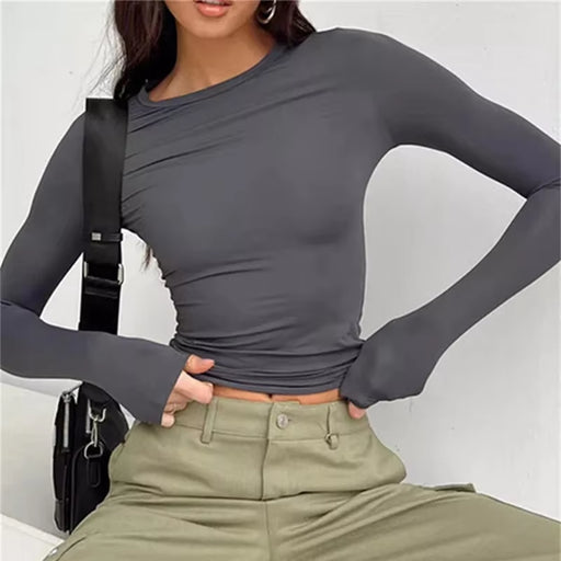 Women's Long Sleeve Solid Slim Fit Casual T-Shirt - Spring Autumn Streetwear Crop Top