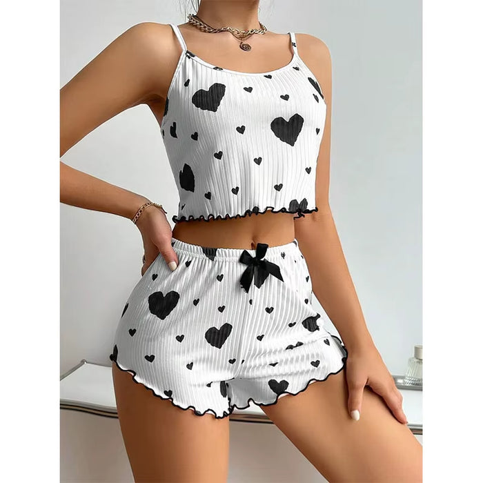 Women's 2-Piece Pajama Set - Soft and Breathable Sleepwear with Love Print Tank Top and Shorts in White (S, M, L)