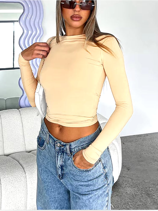 Women's Long Sleeve Solid Slim Fit Casual T-Shirt - Spring Autumn Streetwear Crop Top