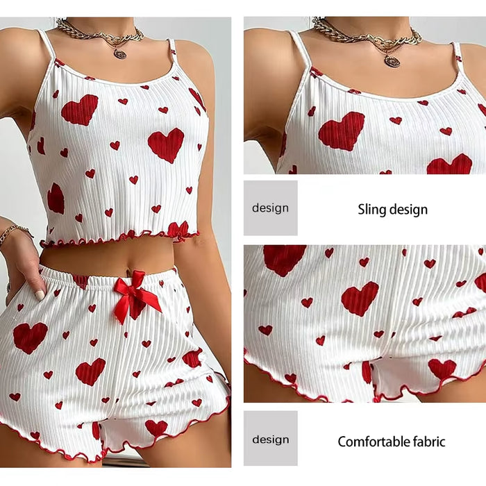 Women's 2-Piece Pajama Set - Soft and Breathable Sleepwear with Love Print Tank Top and Shorts in White (S, M, L)
