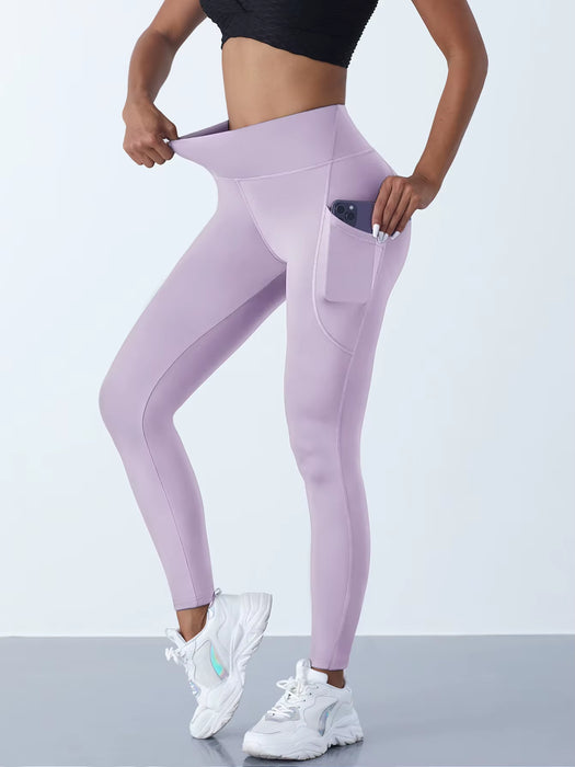 High Waist Women's Stretch Yoga Pants with Pockets - Push-Up Fitness Leggings for Running and Sportswear in Solid Colors