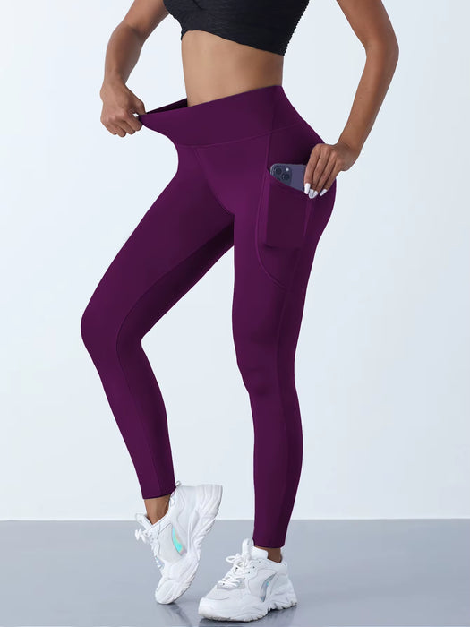 High Waist Women's Stretch Yoga Pants with Pockets - Push-Up Fitness Leggings for Running and Sportswear in Solid Colors