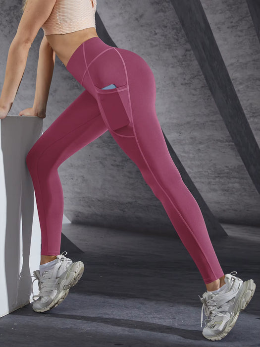 High Waist Women's Stretch Yoga Pants with Pockets - Push-Up Fitness Leggings for Running and Sportswear in Solid Colors