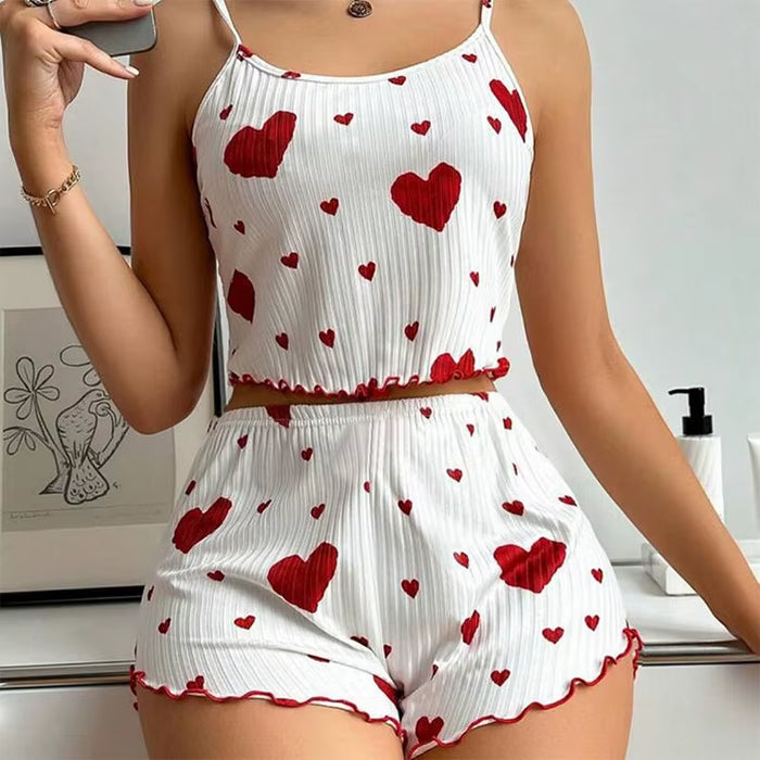 Women's 2-Piece Pajama Set - Soft and Breathable Sleepwear with Love Print Tank Top and Shorts in White (S, M, L)